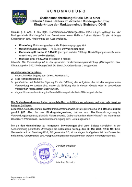 Stellenausschreibung KIGA/Krippe